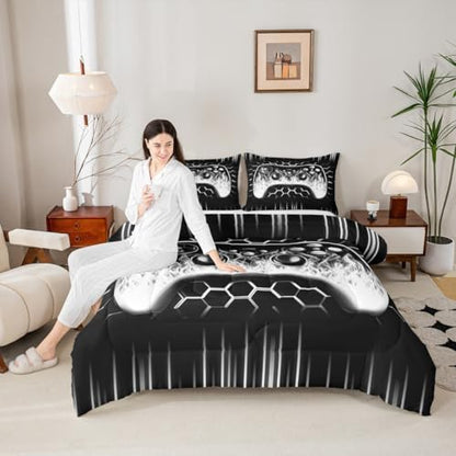 Erosebridal Honeycomb Gamer Boys Bedding Comforter Sets Grey Neon Lights Game Console Queen Comforter Set Ombre Art Geometric Hexagon Beehive Bed Set Gaming Decor for Boys Bedroom Decor