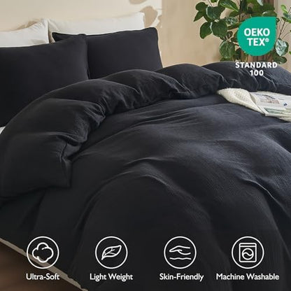 EMME Muslin Cotton Duvet Cover Set Linen Like Black King