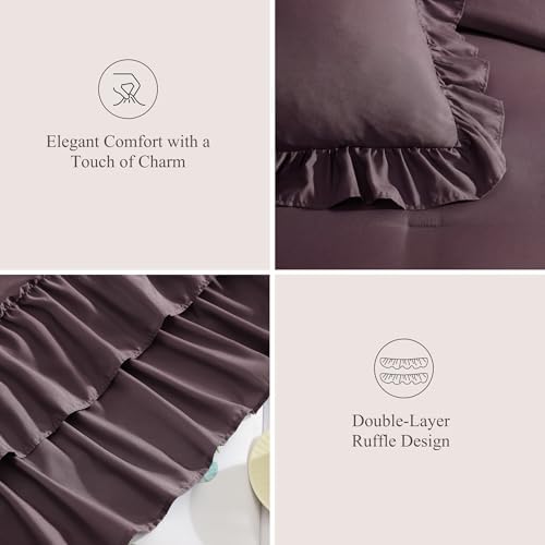 California King Comforter Set Dark Purple Ruffle 7 Pieces Bed in a Bag