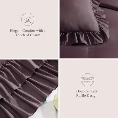 California King Comforter Set Dark Purple Ruffle 7 Pieces Bed in a Bag