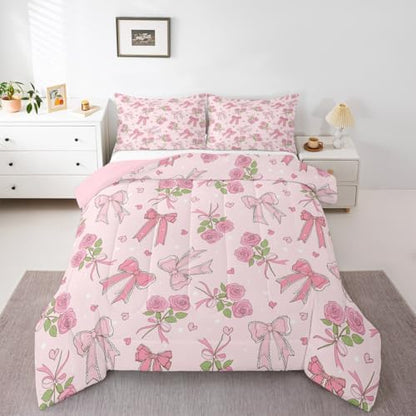 Castle Fairy Pink Bowknot Queen Size Comforter Set,Vintage Farmhouse Kawaii Pink Roses Duvet Insert for Kids Teens Adults,Romantic Princess Style Bedding Comforters for Bedroom Decor,3 Pcs