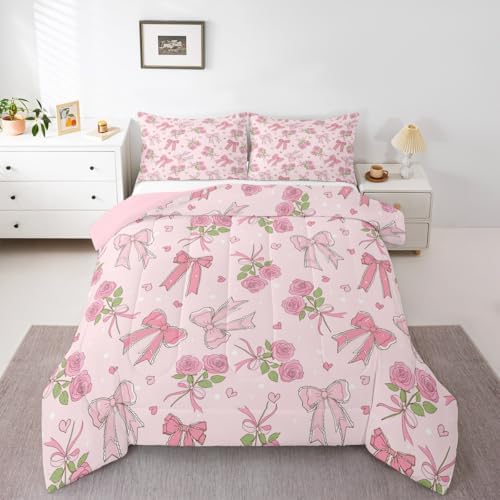 Castle Fairy Pink Bowknot Bedding Set King Size,Vintage Farmhouse Kawaii Pink Roses Comforter Set for Adult Women Bedroom,Romantic Princess Style Ultra Soft Bedding Set with 2 Pillowcases,3Pcs