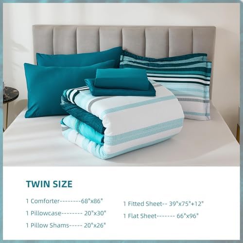 Dobuyly Teal Comforter Set Twin Size Bed in a Bag 5 Piece, Classic Striped Blue Bed Bedding Set with Sheets Soft Microfiber All Season for Teen Boys