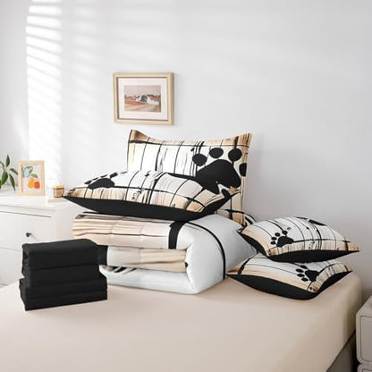 Erosebridal Bear Paw Print Bed in A Bag with Sheets Full Vintage Wooden Boards 7 Piece Comforter Set Woodland Wildlife Bedding Set for Kids Boys Girls,Rustic Farmhouse Bedding Comforter Sets