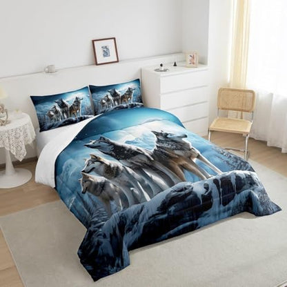 Homewish 3D Wolf Comforter Set King Size,Wild Animals Bedding Set for Kids Boys Men Adult Bedroom Decor,Winter Mountain Scenery Quilt Set 3Pcs Nature Theme Luxury Blue Grey Duvet Insert,2 Pillowcases