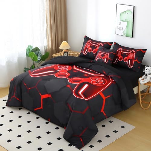 6 Piece Gaming Bedding Set Queen Size Kids Comforter Set for Boys Black Red Gamer Bed Comforter Sheet Set 3D Honeycomb Game Console Bed in A Bag (Black Red, Queen)
