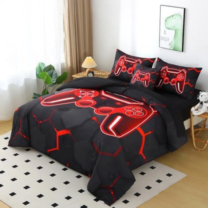 6 Pieces Kids Gaming Bedding Set Black and Red Twin Comforter Set for Boys 3D Video Game Teen Boy Bed in A Bag Honeycomb Gamer Comforter and Sheet Set (Black Red, Twin)