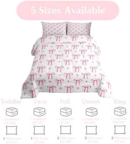 jejeloiu Bowknot Comforter Set King Size Pink Bow Bedding Set for Kids Boys Girls Princess Decor Duvet Quilt Bow Tie Bedroom Decor Microfiber 3 Pcs with 2 Pillow Cases