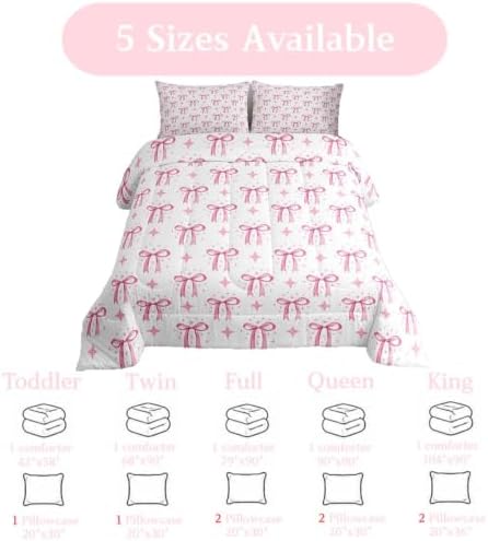 jejeloiu Bowknot Comforter Set Queen Size Pink Bow Bedding Set for Kids Boys Girls Princess Decor Duvet Quilt Bow Tie Bedroom Decor Microfiber 3 Pcs with 2 Pillow Cases