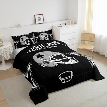 American Football Comforter Set King Size,Black Grey White Star Helmet Print Bedding Set for Kids Boys Teens Men Room Decor,Ball Sports Theme Quilt Set Modern Chic Duvet Insert,2 Pillowcases