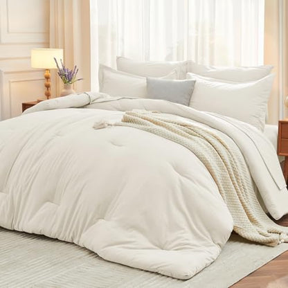 MUXHOMO 7 Pieces Oversized Queen Comforter Set, Soft Bed in a Bag Oversized Queen Size, All Season Bedding Set with Comforter, Flat Sheet, Fitted Sheet, Pillowcases & Shams, Ivory