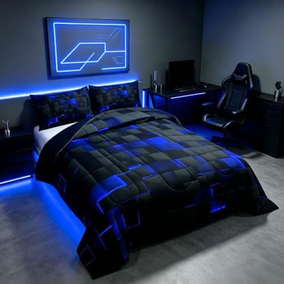 Erosebridal Black Navy Royal Blue Comforter Set King Neon Geometric Checkered Bedding Set for Teen Boys Gamer Room Decor,Abstract Stereoscopic Grids Quilt Square Plaid Check Bed Set 3 Pcs