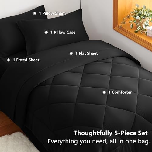 CozyLux Twin XL Comforter Set 68"x88" Black - 5 Piece Bed in a Bag