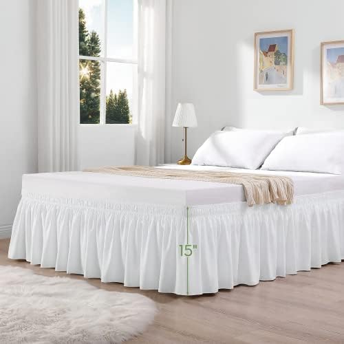 RIMELA White Bed Skirt Queen Size 15 Inch Drop, Elastic Bed Skirting for Adjustable Bed Base & Frame, Bedding Dust Ruffle Easy to Install, Wrap Around Bedskirt, Room Decoration (Pack of 2)