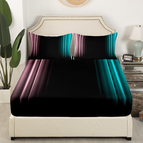 Feelyou Teens Abstract Ombre Decorations Bedding Set for Kids Women Pink Teal and Black Bed Sheets Set Geometric Modern Fitted Sheet Sets Room 4Pcs Queen Size