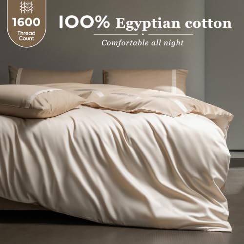Full Size Duvet Cover, 100% Egyptian Cotton,1600 Thread Count, Reversible Duvet Cover, Soft and Breathable Satin Bedding Set, All Seasons (Heather Milk Coffee, 80"x90")