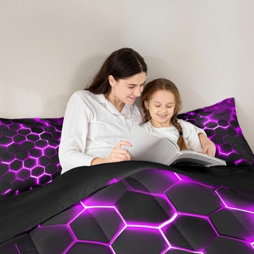 Erosebridal Purple Neon Honeycomb Bedding Set Full Geometric Hexagon Comforter Set for Teen Boys Girls Kids,3D Morden Hexagonal Quilted Duvet Soft Lightweight Down Comforter 2 Pillow Cases
