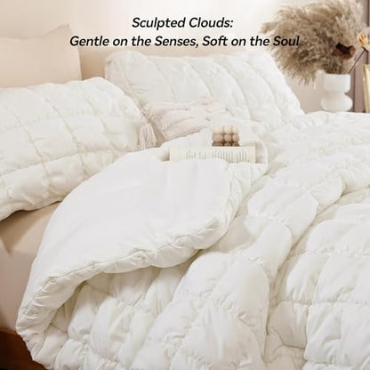 JANZAA Full Size Comforter Sets, Cream White Comforter with Puff Plaid Fluffy Comforter Set, Cloud-Like Soft Cozy Bedding Set, Lightweight Warm Bedroom Decor for All Season with 2 Pillowcases