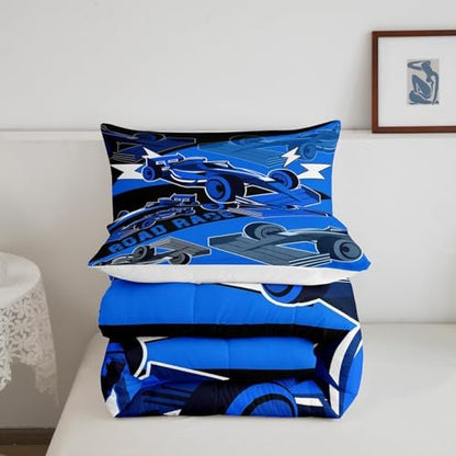 Erosebridal Race Car Full Size Bedding Set for Boys Sports Car Comforter Set Cool Racing Car Bed Set for Boys Girls Kids Man,Black Blue Race Cars Gamer Bedding Sets Car Bedroom Decor 3Pcs