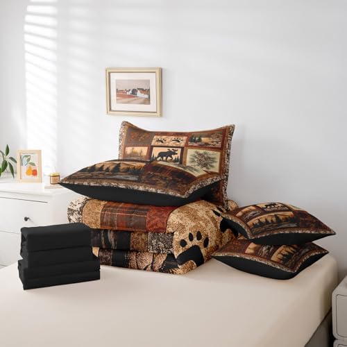 Erosebridal Hunting Deer Moose 7 Piece Bedding Set King Size,Cabin Lodge Bed in a Bag,Rustic Farmhouse Bed Set Includes Comforter, Sheet Set, Pillowcases & Pillow Covers All Season Bedroom Decor