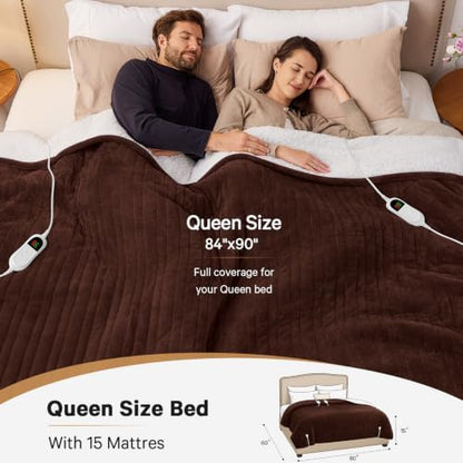 Heated Electric Blanket Queen Size, Dual Control, 84" x 90", Coffee