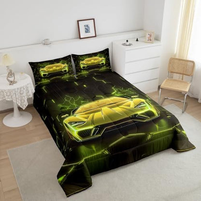 Feelyou Boys Race Car Comforter Set,Kids Sports Car Bedding Set King Size,Boys Bedroom Room Decor,Cool Speed Luxury Racing Car Comforter,Geometric Hexagon Racing Car Bed Set for All Season
