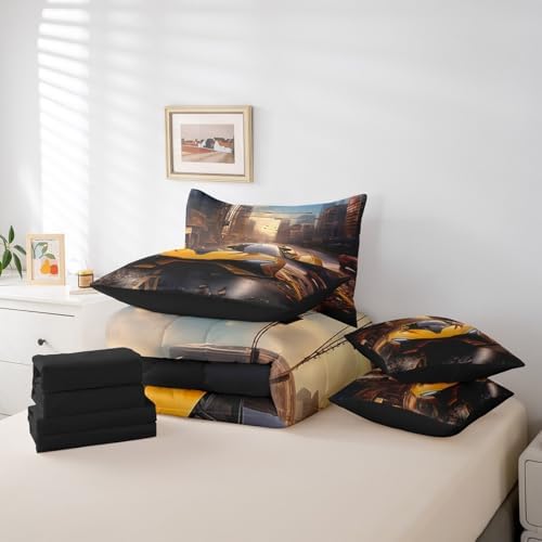Erosebridal Racing Car Bedding Set Full,3D Race Car Comforter Set,Boys Teens Extreme Sports(Comforter+Fitted+Flat Sheet+2 Pillowcases+2 Throw Pillow Covers) 7 Pieces Yellow Car Bed Set