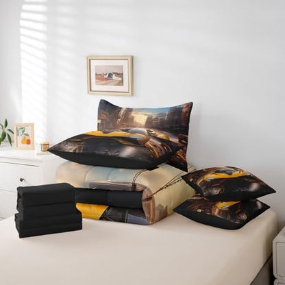 Erosebridal Racing Car Bedding Set Full,3D Race Car Comforter Set,Boys Teens Extreme Sports(Comforter+Fitted+Flat Sheet+2 Pillowcases+2 Throw Pillow Covers) 7 Pieces Yellow Car Bed Set