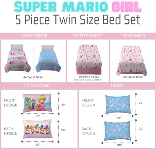 Super Mario Girl Princess Peach Girl Gamer Kids Bedding Super Soft & Cozy Reversible Microfiber Comforter and Sheet Set with Sham, 5 Piece Twin Size, (Officially Licensed Product) By Franco