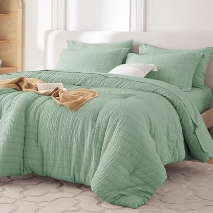 MUXHOMO 7 Pieces Oversized Queen Comforter Set, Seersucker Bed in a Bag Oversized Queen Size, All Season Luxury Bedding Set with Comforter, Flat Sheet, Fitted Sheet, Pillowcases & Shams, Sage Green