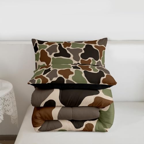 Feelyou Green Camo Kids Comforter Set King Size Camouflage Hunting Bedding Set Military Style Duvet Quilt for Kids Boys Girls Bedroom Army Green Decor Microfiber Ultra Soft Breathable