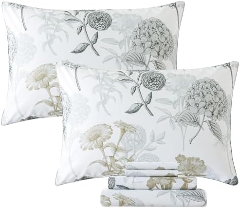 FADFAY Queen Sheets Set Percale Cotton Grey Floral Bed Sheets Deep Pocket Fitted Sheet, Luxury Ink Vintage Grey Hydrangea Printed Shabby White Bedding for All Season, Super Soft Crisp & Cool, 4 Pcs