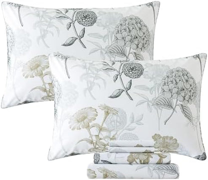 FADFAY Queen Sheets Set Percale Cotton Grey Floral Bed Sheets Deep Pocket Fitted Sheet, Luxury Ink Vintage Grey Hydrangea Printed Shabby White Bedding for All Season, Super Soft Crisp & Cool, 4 Pcs