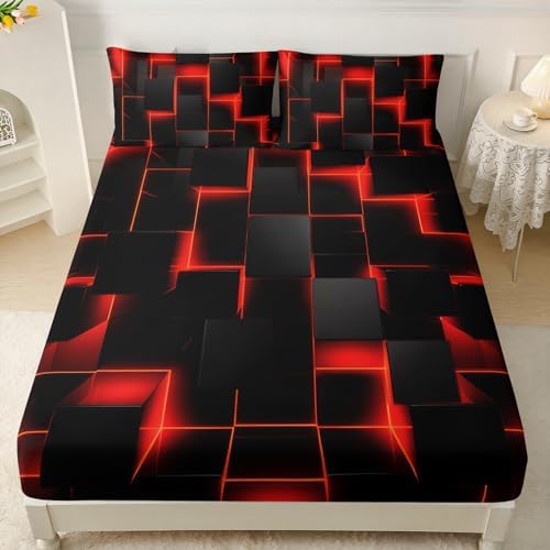 HOSIMA Red Black Geometric Queen Bedding Sets,1 Fitted Sheet+2 Pillowcases.