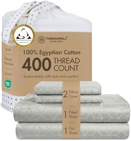 Threadmill 400TC Egyptian Cotton Queen Sheet Set, Damask, Light Grey