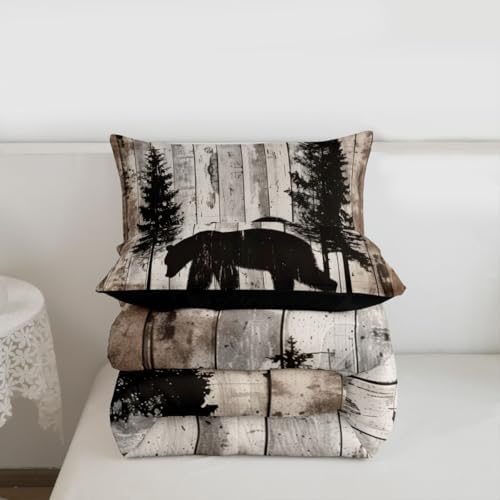 jejeloiu Bear Comforter Set All Season Rustic Cabin Country Bedding Set with 2 Pillow Cases Wild Animal Microfiber Kids King Bedclothes Bedroom Decor Duvet Quilt Breathable Soft Lightweight