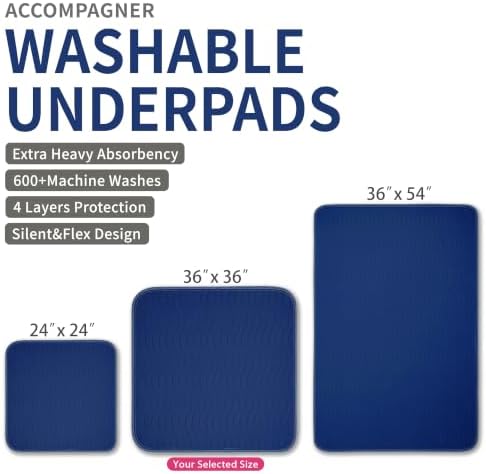 Accompagner Incontinence Bed Pads Washable Waterproof, Ultra-Absorbent Reusable Underpads for Diaper Changing, Nursing, Bedridden, Adults, Seniors, Kids and Dogs (Navy, 36"x36"(Pack of 4))