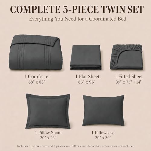 CozyLux Twin Comforter Set Dark Grey - 5 Pieces Complete Bedding Set