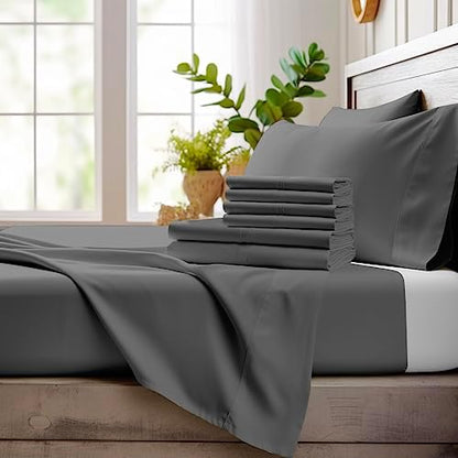 Bamboo Bay 6 Piece Queen Size Sheet Set, 100% Viscose Made from Bamboo, Breathable Ultra Soft Cooling Bed Sheets for Hot Sleepers, Beddings with Deep Pockets Fit 16" Mattress, Dark Grey