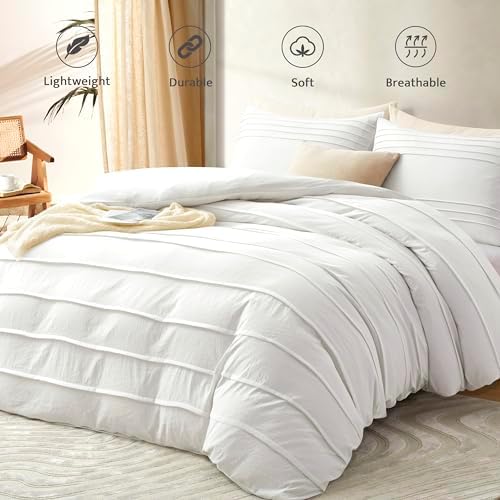 Oli Anderson 3PCS Pleated Duvet Cover Set, White, Queen