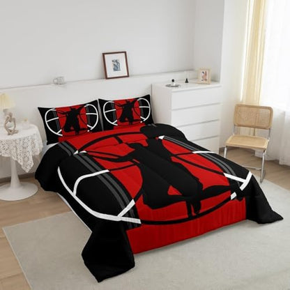 Basketball Comforter Set Queen for Boys Kids Sports Games Room Decor Red and Black Comforter Aldults Bedroom Basketball Court Bedding Set 1 Comforter with 2 Pillow Cases,Lightweight Warm Soft