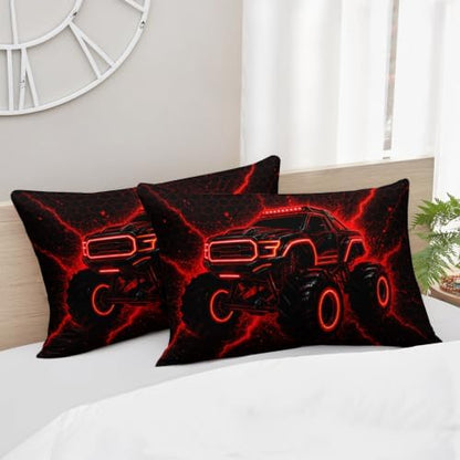 AILONEN Queen Comforter Set 3 Piece, Red Neon Off Road Truck 3D Printed Bedding with 2 Pillowcases, Soft Lightweight Microfiber Electric Graphic Decor for Master Suite