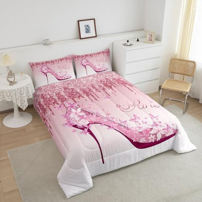 High Heels Feminine Comforter Set Queen Size,Butterfly Romantic Bedding Set 3pcs for Kids Girls Women Room Decor,Pink Gradient Glitter Quilt Set,Valentine's Day Duvet Insert,2 Pillowcases
