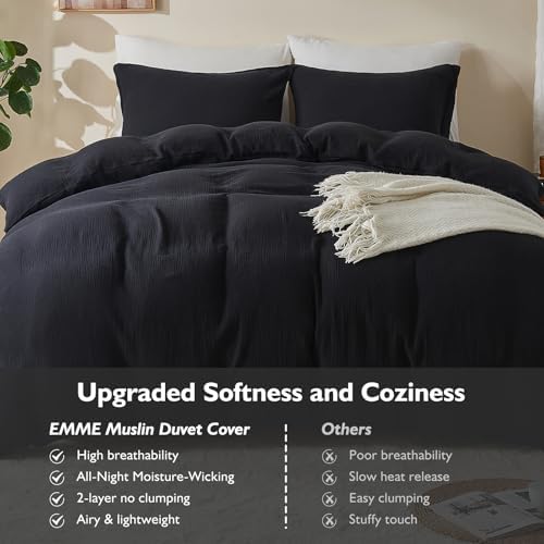 EMME Muslin Cotton Duvet Cover Set Linen Like Black King