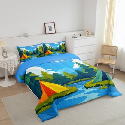 Happy Camping Comforter Set King Size,Camper Adventure Theme Bedding Set for Kids Teens Adults Room Decor,Nature Scenery Quilt Set 3Pcs,Tents River Tree Blue Sky Cloud Duvet Insert,2 Pillowcases
