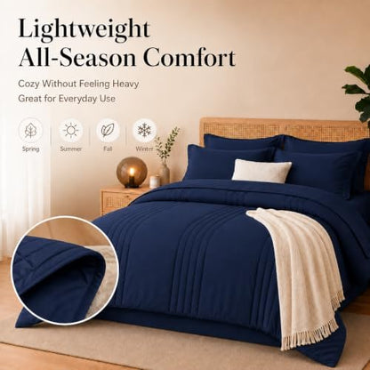Twin Comforter Set with Sheet Navy Blue, 5 Pieces Bed in a Bag
