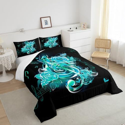 Feelyou Teal Music Note Comforter Set Twin Size Boys Girls Teens