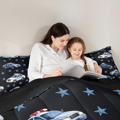 Erosebridal Police Car Comforter Set Toddler for Boys, Cartoon Car Bedding Set for Kids Teens Youth Men Bedroom, Policeman Vehicle Comforter, Star Black Quilt with 1 Pillowcase, 2 Pcs, Microfiber