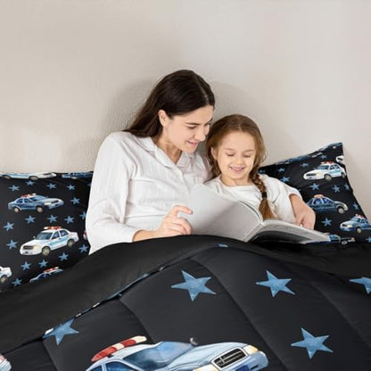 Erosebridal Police Car Comforter Set Toddler for Boys, Cartoon Car Bedding Set for Kids Teens Youth Men Bedroom, Policeman Vehicle Comforter, Star Black Quilt with 1 Pillowcase, 2 Pcs, Microfiber