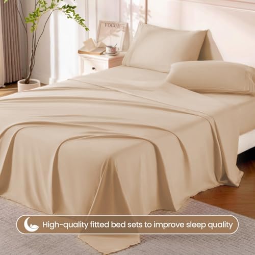 ROSE&RISY Khaki Full Sheet Set, 4 Pieces Soft Bedding Full Sheet Set, Breathable and Cooling,Includes 1 Fitted Sheet, 1 Flat Sheet, 2 Pillowcases - Deep Pocket (Khaki, Full)